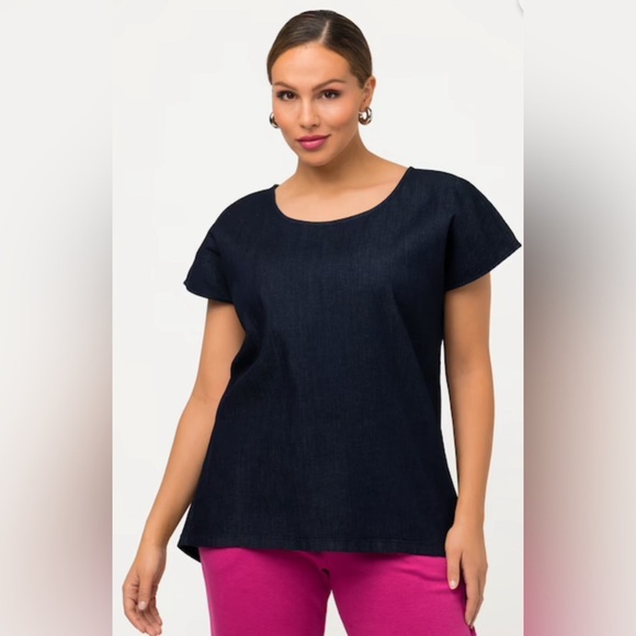 Ulla Popken Denim Tee Size 28/30 Cap Sleeve Dark Denim Scoop Neck Oversized - Picture 1 of 5